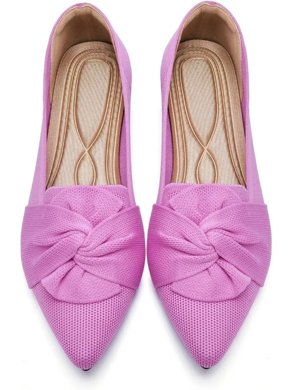 Women's Pink Pointed Toe Ballet Flats with Bow Comfortable Knit Dressy Shoes